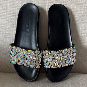 Mystique Boutique Black Slide Sandals with Crystal Embellishments